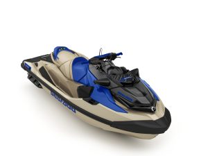 Motomarine Sea-Doo Wake Pro 230 en couleur Northern Lichen, vue en studio, avec système audio intégré de 100W.